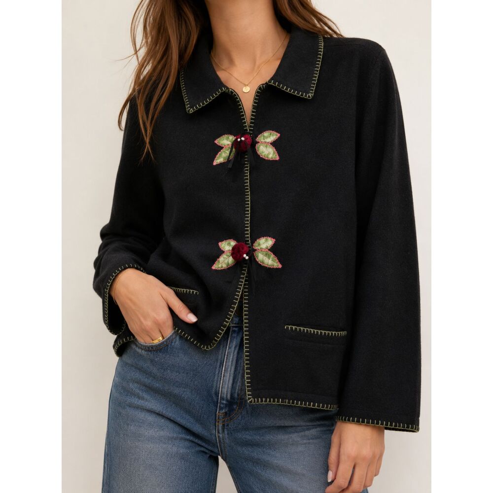 Vintage Breckenridge Wool Jacket XL Black Embroidered Boho Cottagecore Cardigan